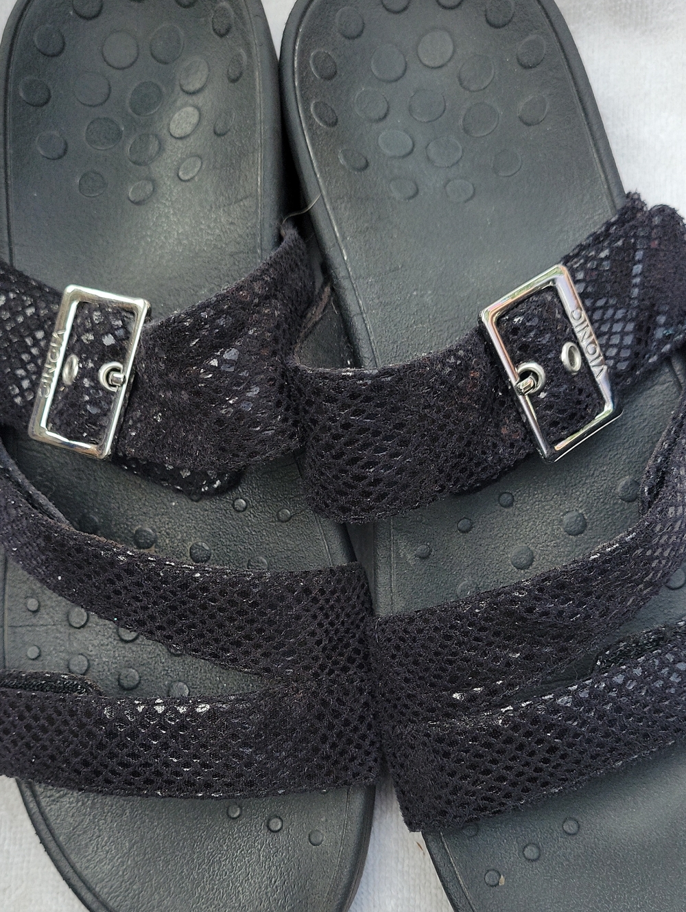 Vionic Black Mesh Double-Strap Slide Sandals with Buckles
